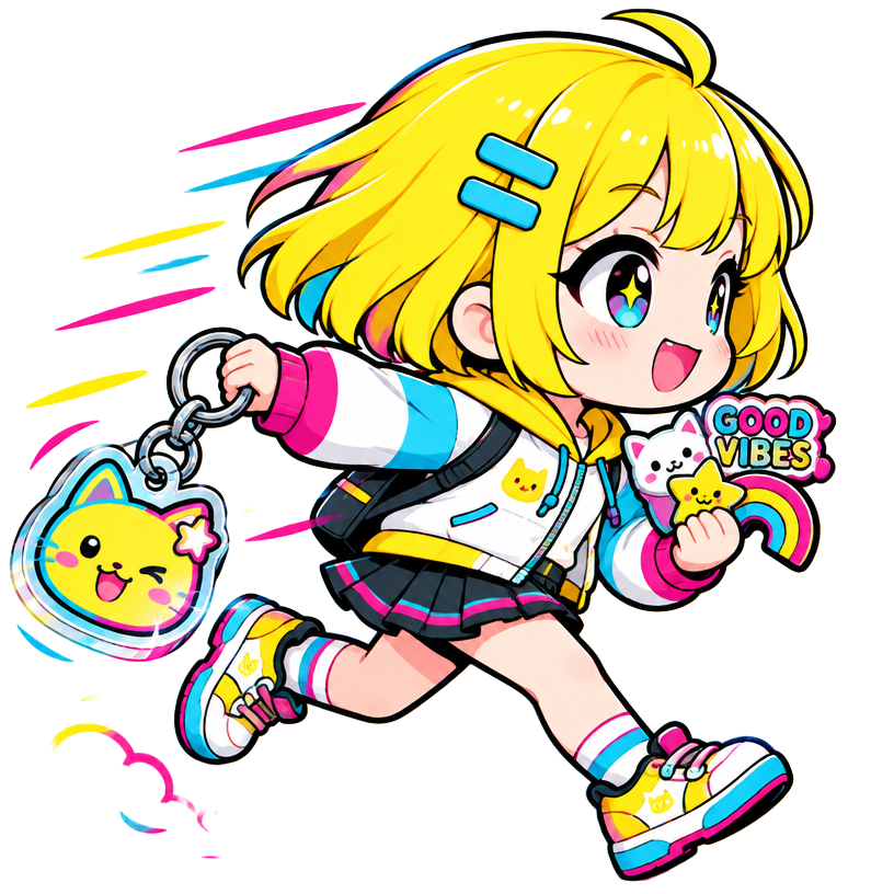 Mascot running with keychains and magnets